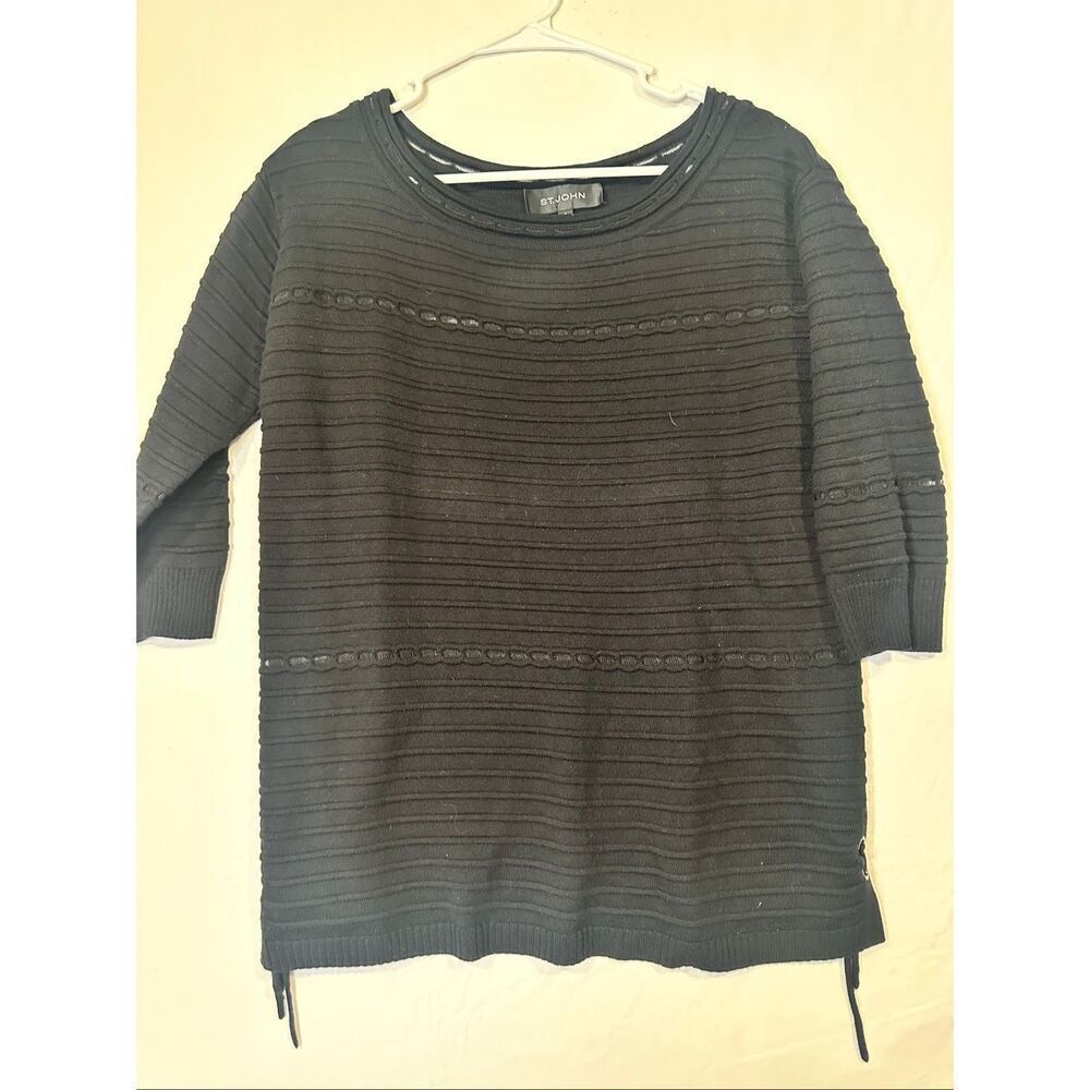 St. John Quilted 3/4 sleeves Black Side Tie Tee, Size P